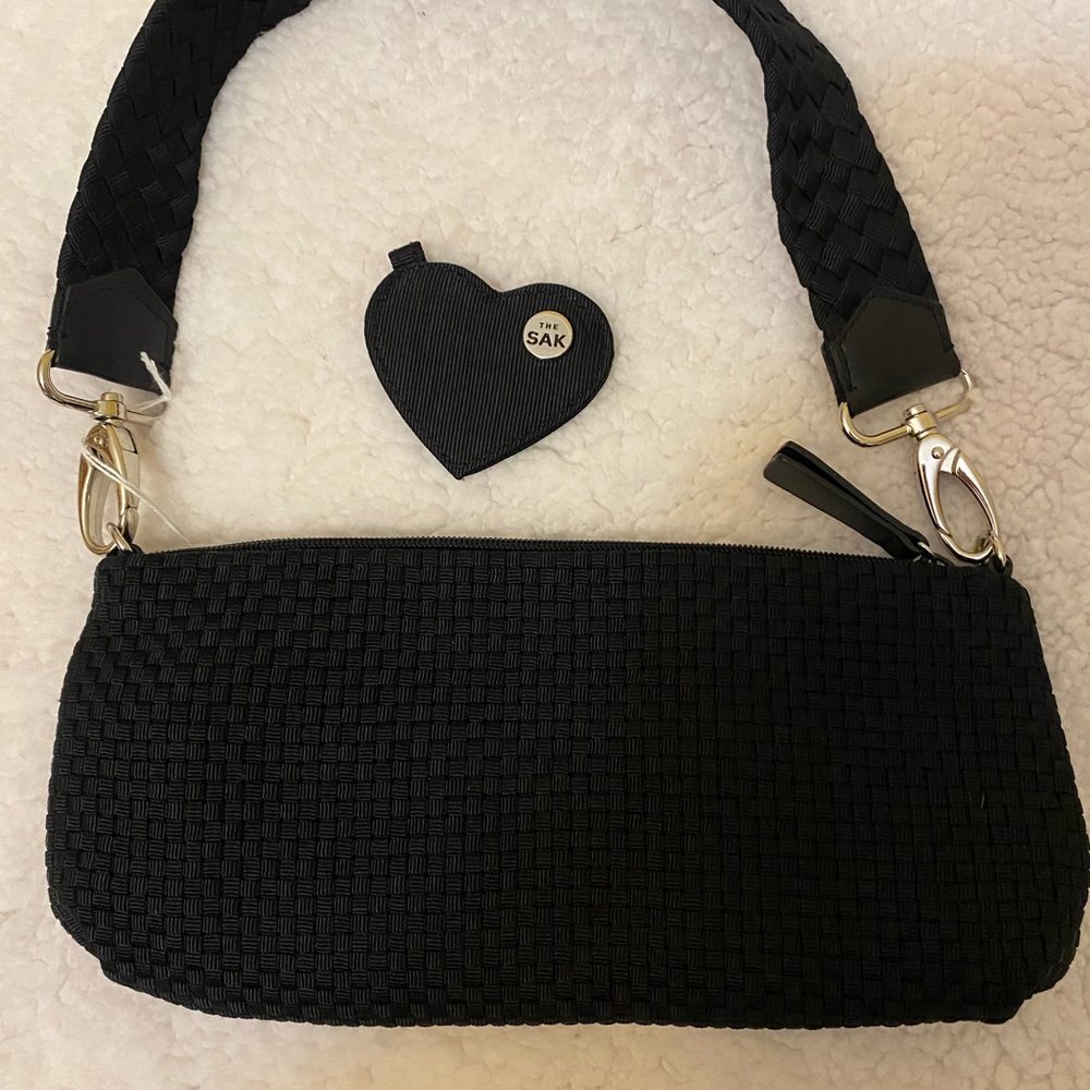 The SAK Baguette Purse Black Woven Ribbon Handbag Removable Handle Clutch Bag